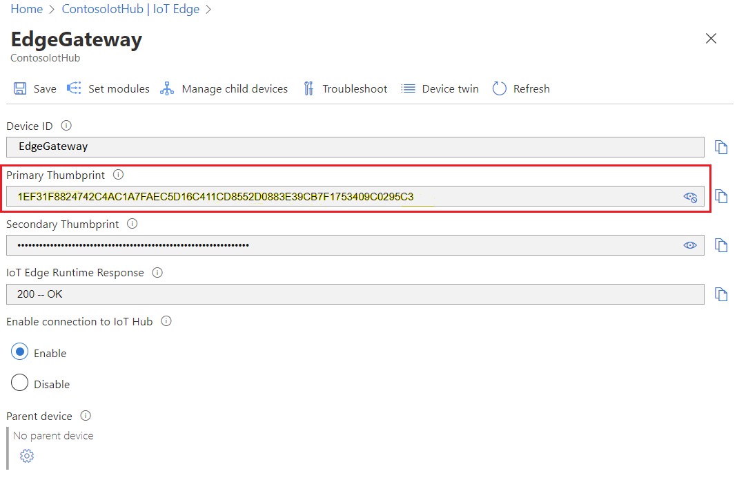 Cuplikan layar dari portal Azure thumbprint perangkat EdgeGateway di ContosoIotHub.