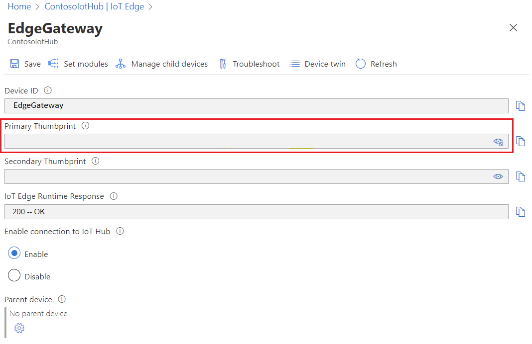 Cuplikan layar dari portal Azure thumbprint perangkat EdgeGateway di ContosoIotHub.