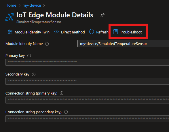 Screenshot tab Pemecahan Masalah pada halaman detail modul portal Azure.
