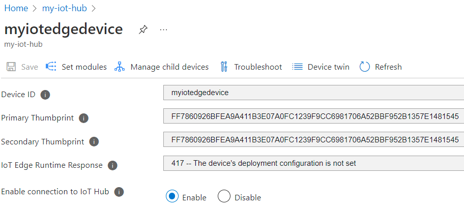 Cuplikan layar pengaturan perangkat IoT Hub di portal Azure. Bidang thumbprint sertifikat memperlihatkan nilai.