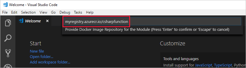 Cuplikan layar memperlihatkan tempat untuk menambahkan nama repositori gambar Docker Anda di Visual Studio Code.