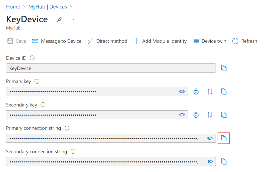 Cuplikan layar yang memperlihatkan penyalinan nilai string koneksi utama dari portal Azure.