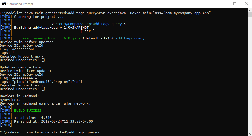 Cuplikan layar yang memperlihatkan output dari perintah untuk menjalankan aplikasi layanan kueri tag tambahkan.