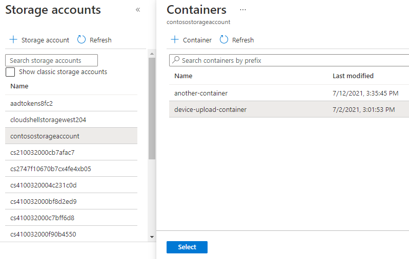 Cuplikan layar memperlihatkan cara melihat kontainer penyimpanan untuk pengunggahan file.