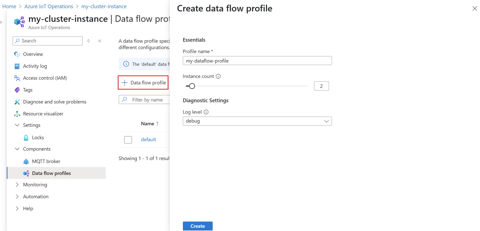 Cuplikan layar portal Microsoft Azure yang menampilkan panel buat profil aliran data, termasuk bidang untuk nama, jumlah instans, dan opsi konfigurasi.