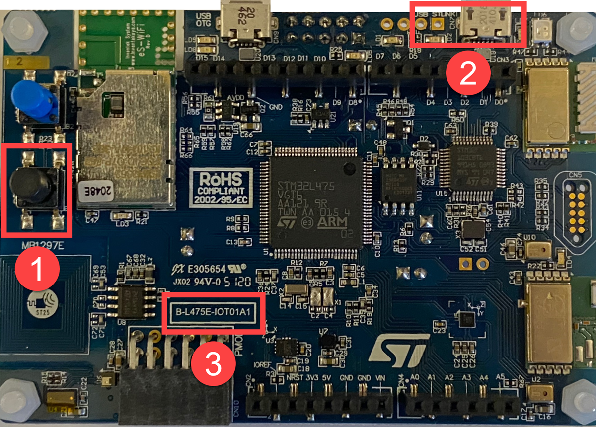 Foto yang menunjukkan komponen utama di papan STM DevKit.
