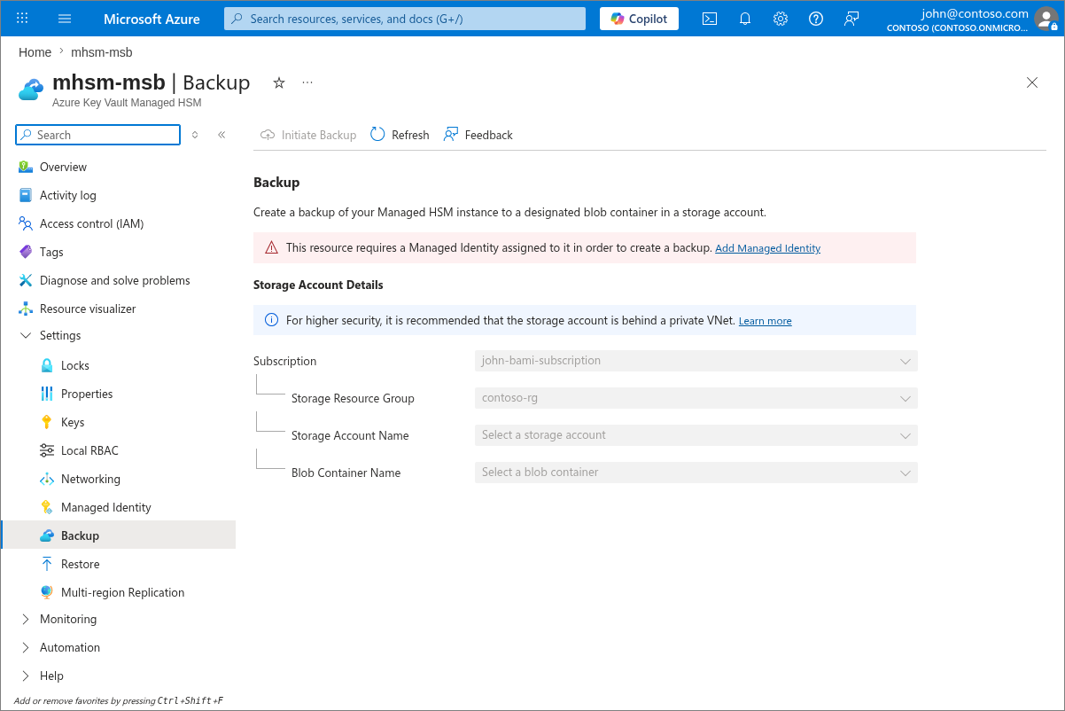 Tangkapan layar panel Cadangan HSM Terkelola di portal Azure.