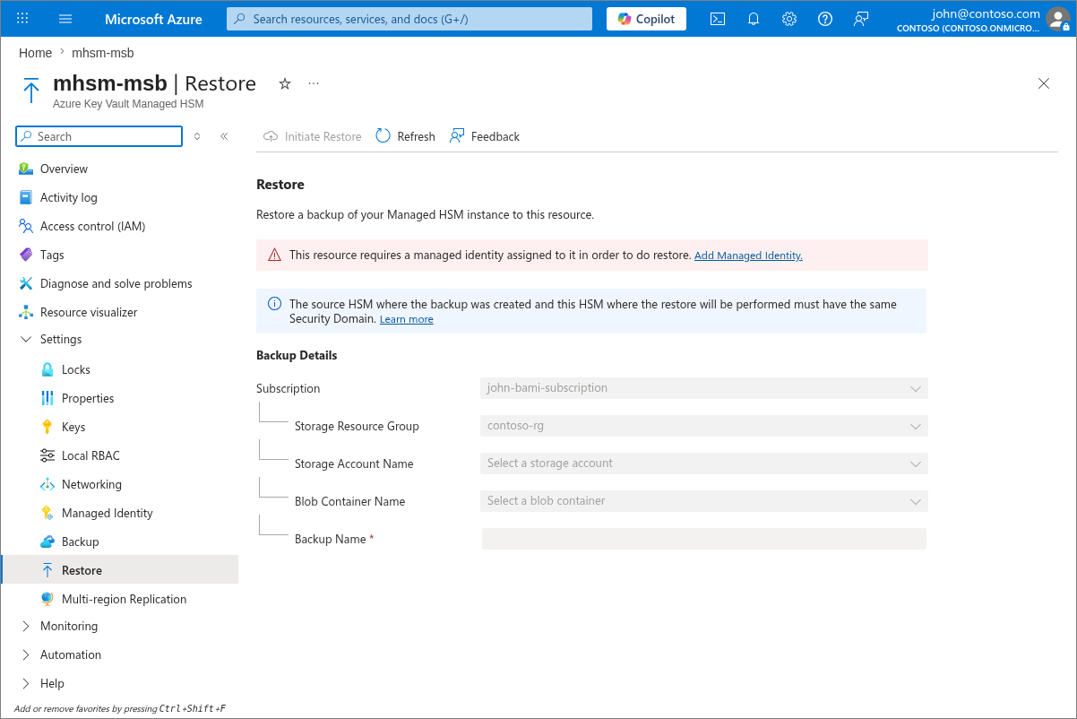 Screenshot bilah Pemulihan HSM Terkelola di portal Azure.