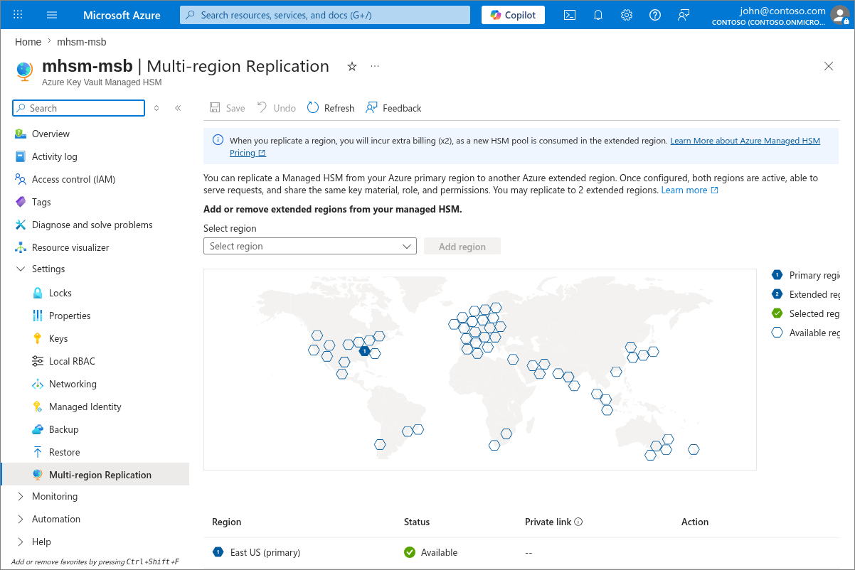 Cuplikan layar bilah Replikasi Multi-Wilayah di portal Azure memperlihatkan peta wilayah dan opsi Tambahkan Wilayah.
