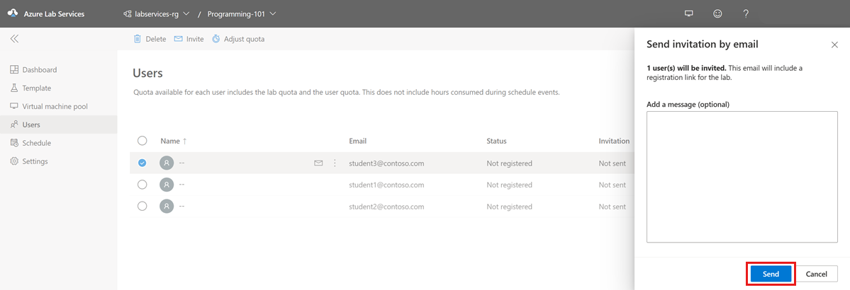 Cuplikan layar yang memperlihatkan kirim email undangan untuk pengguna yang dipilih di situs web Azure Lab Services.