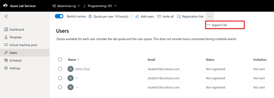Cuplikan layar yang memperlihatkan cara mengekspor daftar pengguna lab ke file CSV di situs web Azure Lab Services.