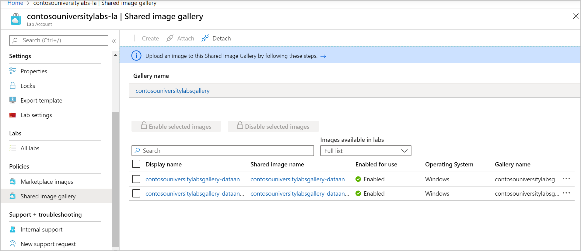 Screenshot of a list of enabled custom images in a shared image gallery.