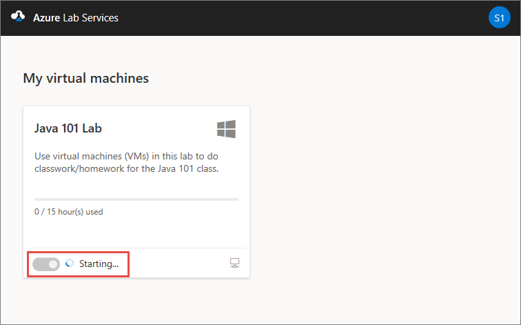 Cuplikan layar halaman Komputer virtual saya di situs web Azure Lab Services, menyoroti tombol status VM.