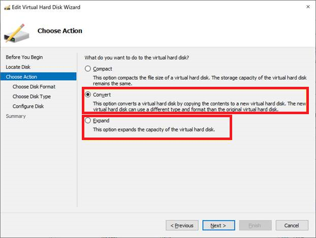 Cuplikan layar yang memperlihatkan layar Pilih Tindakan saat mengedit komputer virtual di Hyper-V Manager.