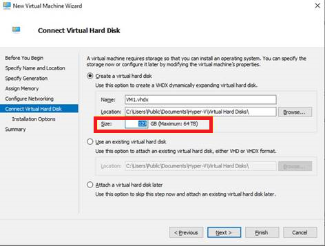 Cuplikan layar Sambungkan hard disk virtual di Hyper-V Manager, menyoroti opsi untuk ukuran disk tetap.