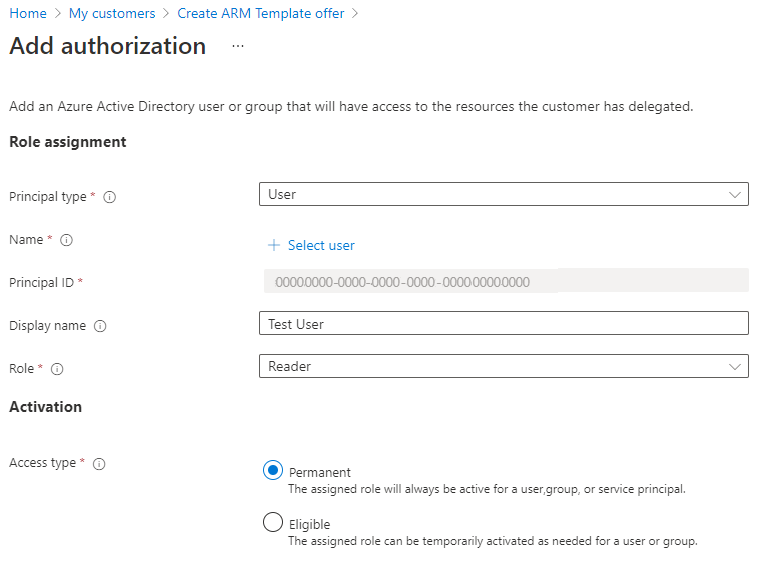 Cuplikan layar bagian Tambahkan otorisasi di portal Microsoft Azure.