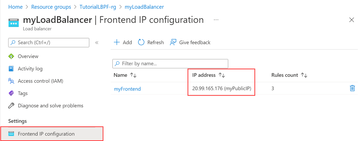 Cuplikan layar IP publik di portal Microsoft Azure.