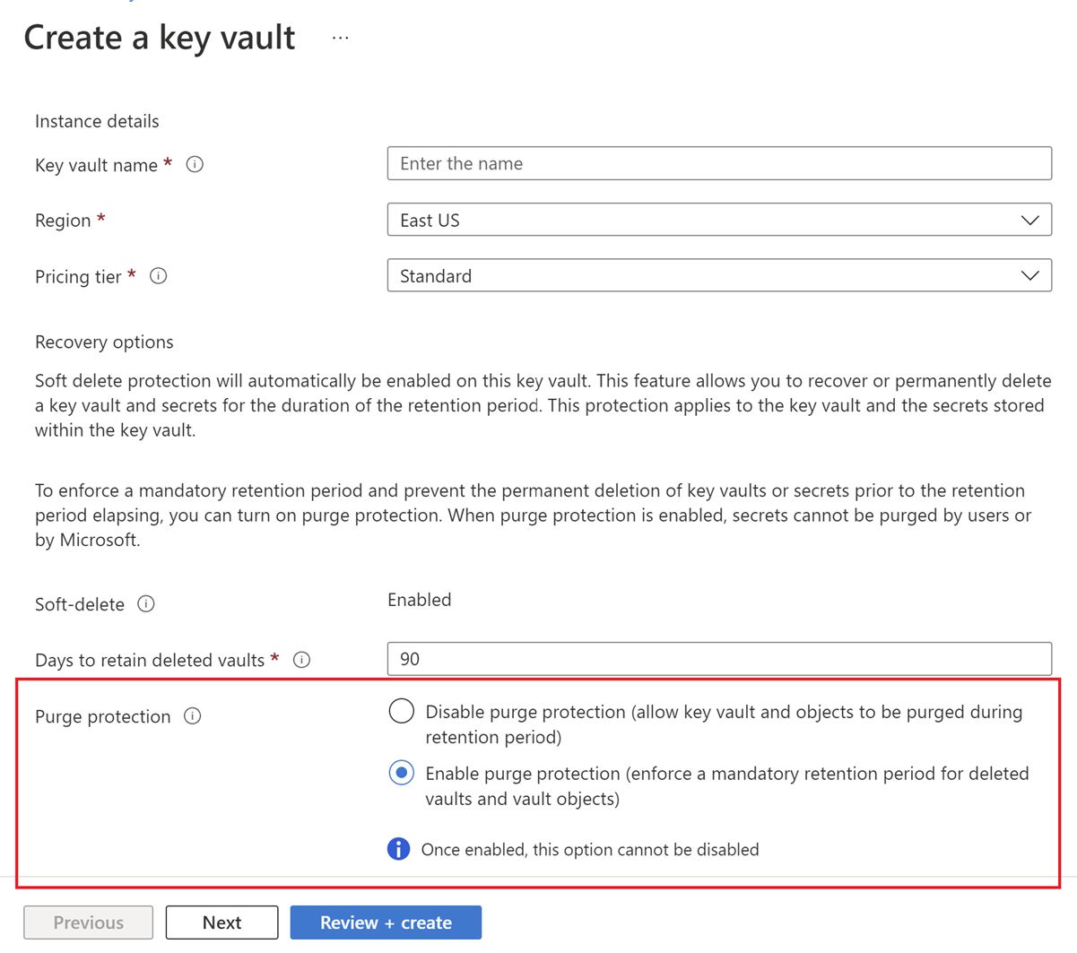 Screenshot that shows how to enable purge protection when creating a new key vault in the Azure portal.