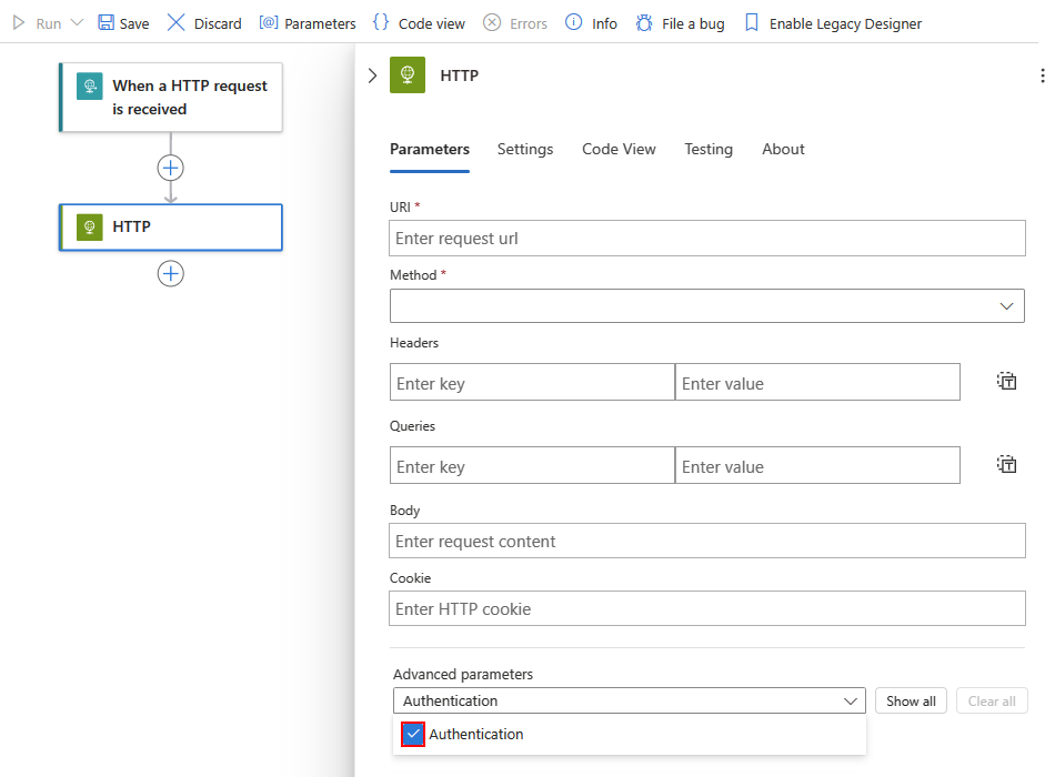 Screenshot shows Consumption workflow with built-in action and opened list named Add new parameter, with selected option for Authentication.