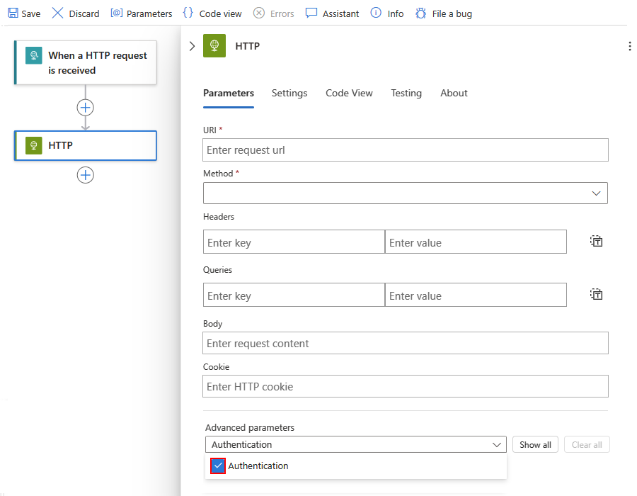 Screenshot shows Standard workflow, example built-in action, opened list named Add new parameter, and selected option for Authentication.