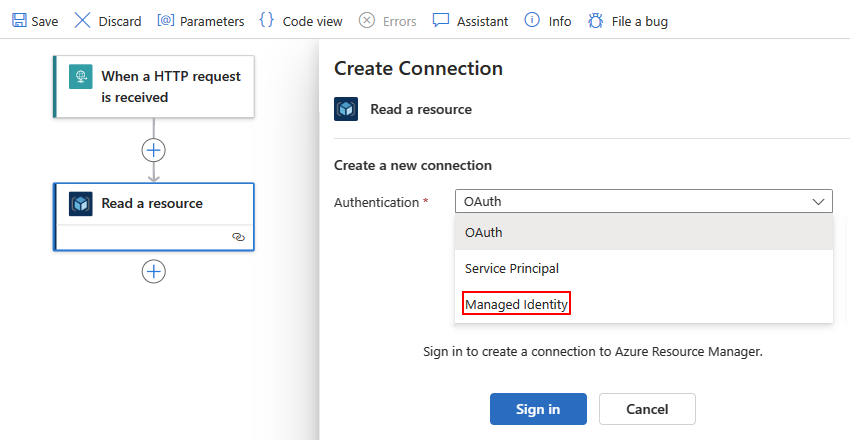 Screenshot shows Standard workflow, HTTP action, and Authentication property with selected option for Managed identity.