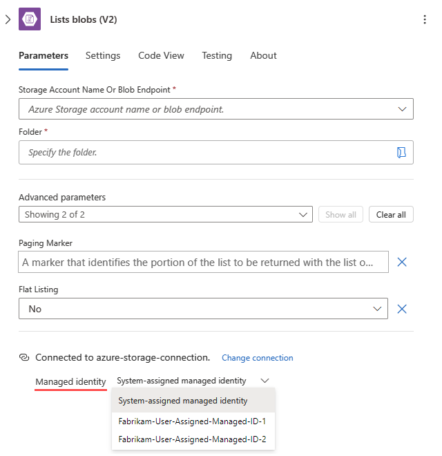 Screenshot shows Standard workflow, the action's Parameters pane, and list named Managed identity.