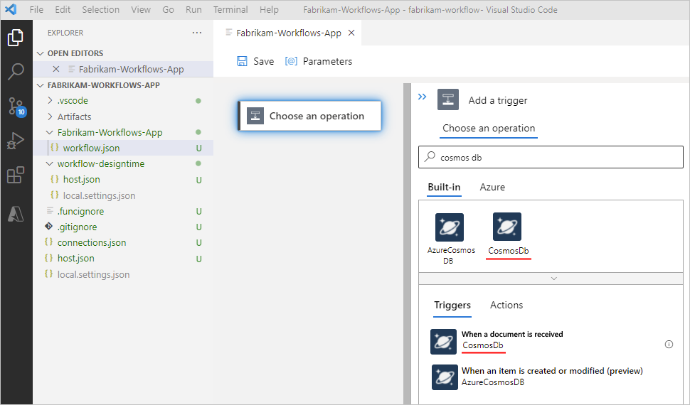Cuplikan layar memperlihatkan Visual Studio Code dan perancang untuk alur kerja aplikasi logika Standar dengan konektor Azure Cosmos DB bawaan baru.