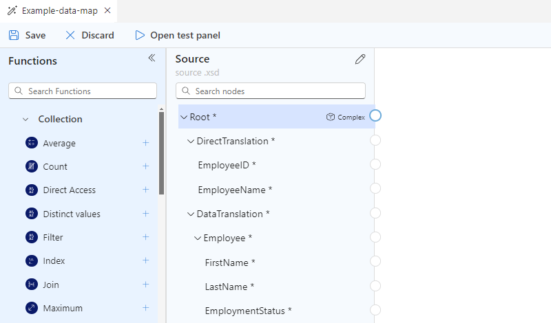 Cuplikan layar memperlihatkan panel Sumber yang diisi dengan simpul elemen XML skema sumber.