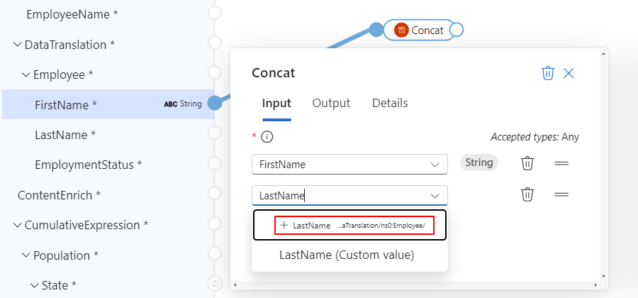 Cuplikan layar memperlihatkan beberapa elemen sumber sebagai input fungsi.
