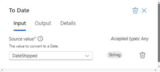 Cuplikan layar memperlihatkan tab Input untuk fungsi bernama To Date.