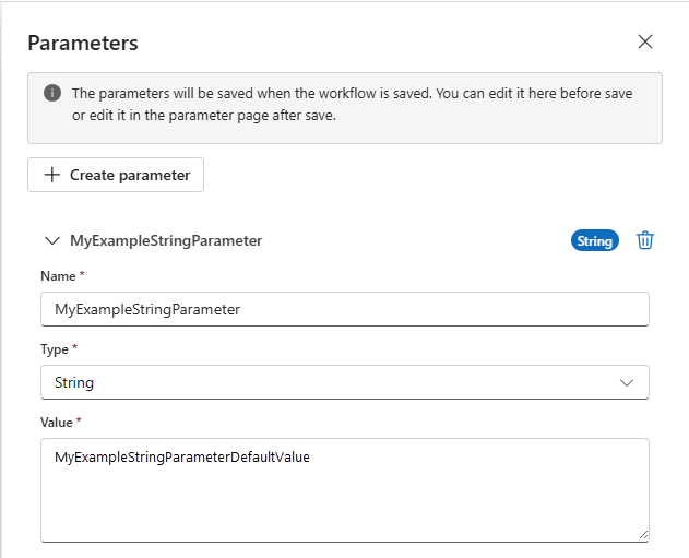 Cuplikan layar memperlihatkan portal Microsoft Azure dengan perancang alur kerja dan panel Parameter dengan contoh definisi parameter.