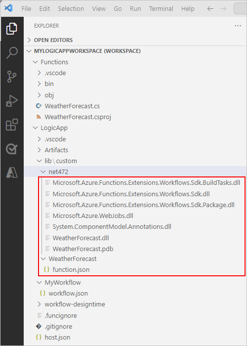 Cuplikan layar memperlihatkan Visual Studio Code dan ruang kerja aplikasi logika dengan proyek fungsi .NET dan proyek aplikasi logika, sekarang dengan rakitan yang dihasilkan dan file lain yang diperlukan.