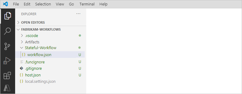 Cuplikan layar memperlihatkan panel Explorer dengan folder proyek, folder alur kerja, dan file workflow.json.
