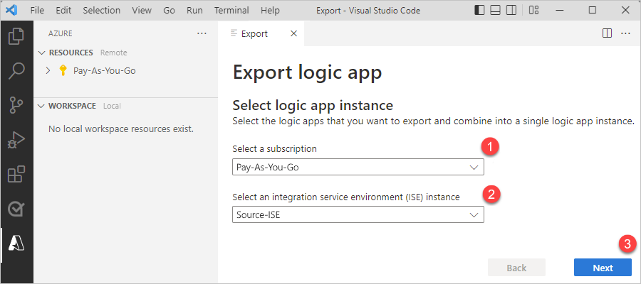 Cuplikan layar memperlihatkan tab Ekspor dengan langganan Azure dan instans ISE dipilih.