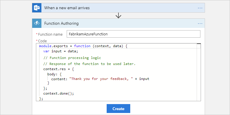Cuplikan layar memperlihatkan editor penulisan fungsi dengan definisi fungsi templat.