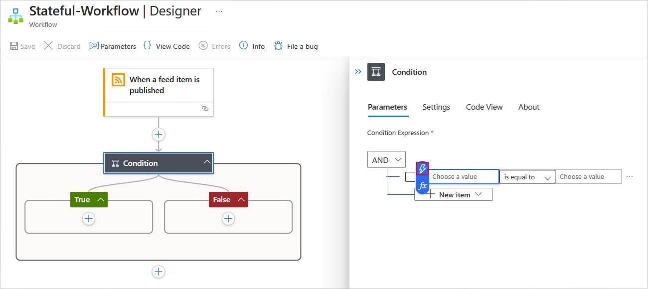 Cuplikan layar memperlihatkan portal Microsoft Azure, perancang alur kerja Standar, pemicu RSS, dan tindakan Kondisi dengan panel informasi terbuka, dan tombol konten dinamis dipilih.