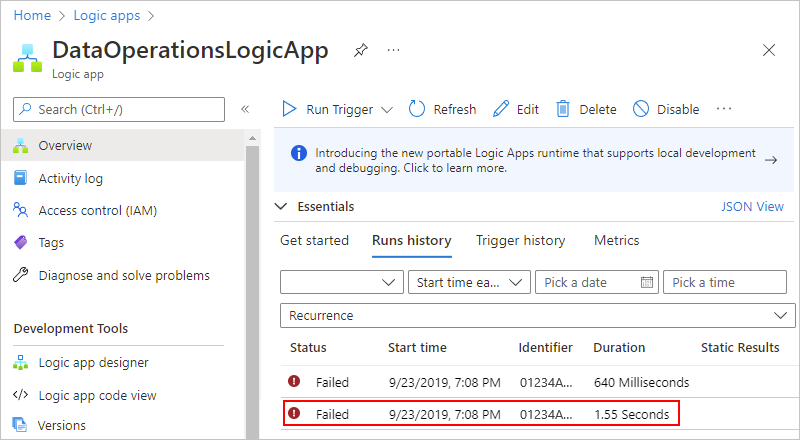 Cuplikan layar yang menampilkan portal Azure dengan alur kerja aplikasi logika Konsumsi dijalankan dan eksekusi gagal dipilih.