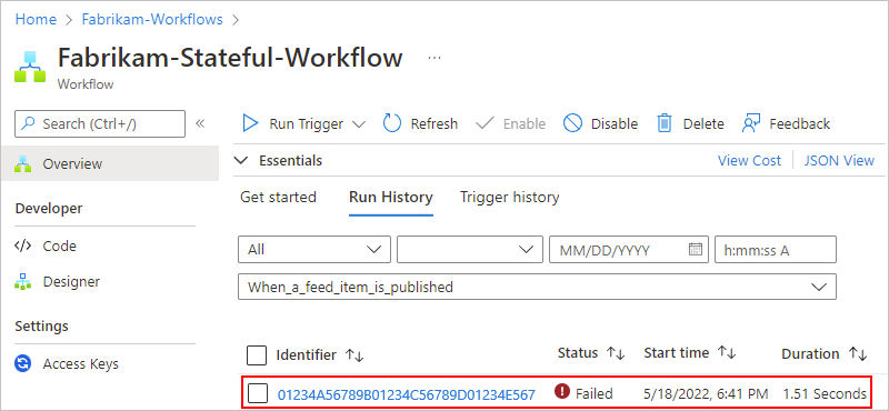 Cuplikan layar yang menampilkan portal Azure dengan alur kerja aplikasi logika Standar dijalankan dan eksekusi gagal dipilih.