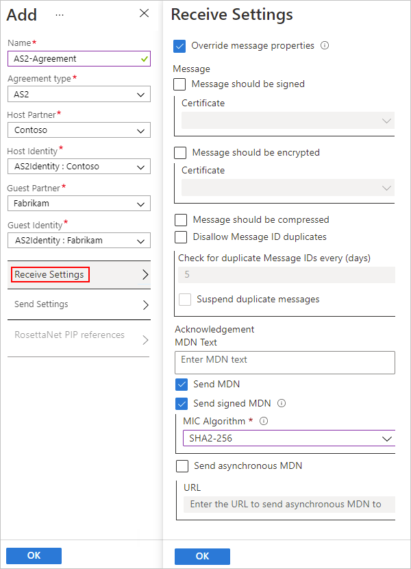 Cuplikan layar memperlihatkan pengaturan perjanjian portal Azure dan AS2 untuk pesan masuk.