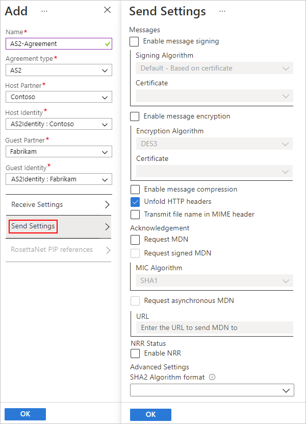 Cuplikan layar memperlihatkan pengaturan perjanjian portal Azure dan AS2 untuk pesan keluar.