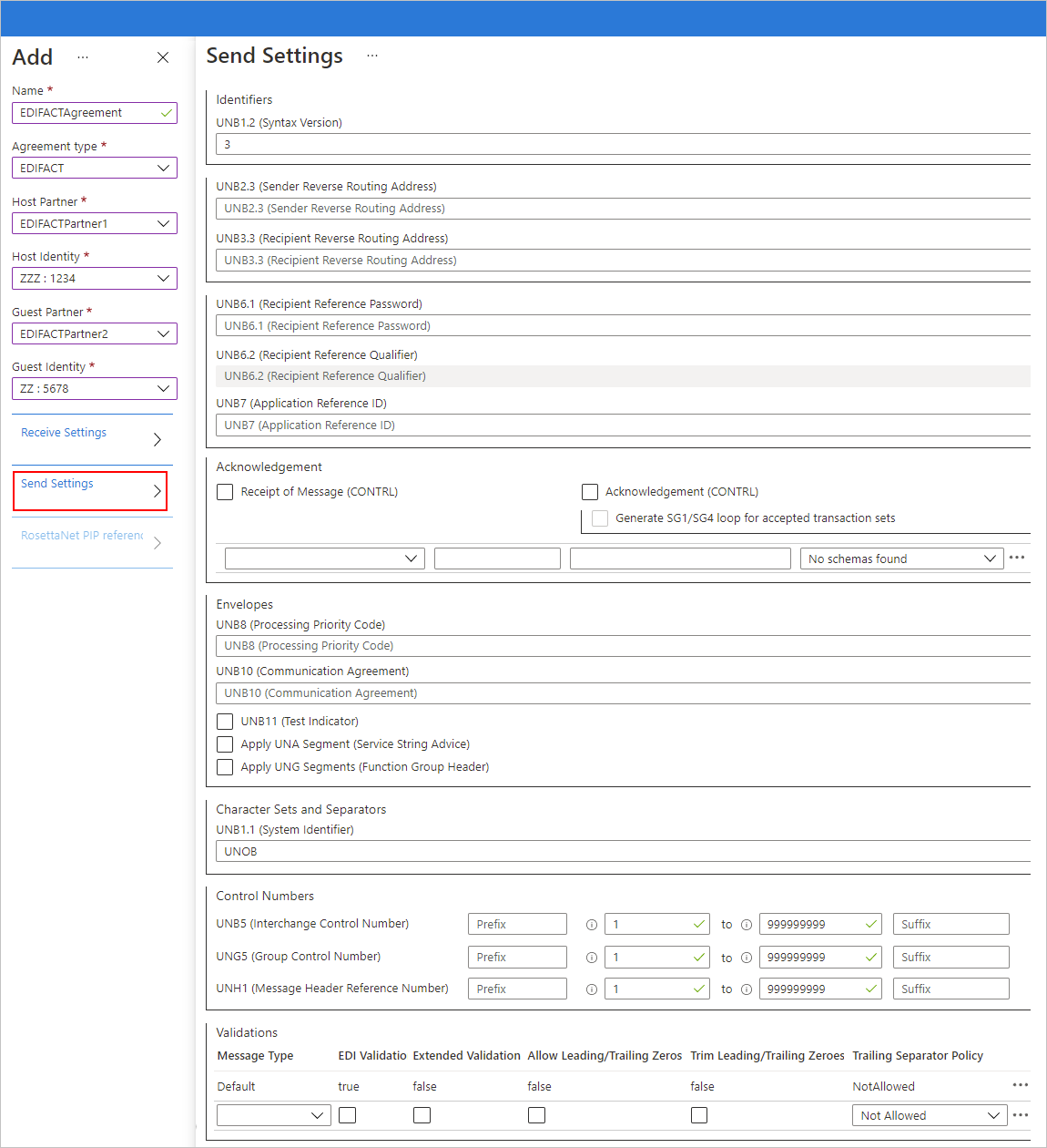 Cuplikan layar memperlihatkan pengaturan perjanjian portal Azure dan EDIFACT untuk pesan keluar.