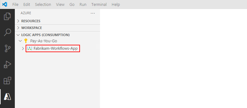 Cuplikan layar memperlihatkan Visual Studio Code dengan bagian Sumber Daya dan sumber daya aplikasi logika Konsumsi yang disebarkan.
