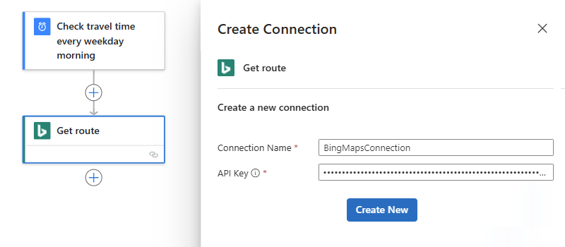 Cuplikan layar yang menunjukkan kotak koneksi Bing Maps dengan nama koneksi tertentu dan kunci Bing Maps API.