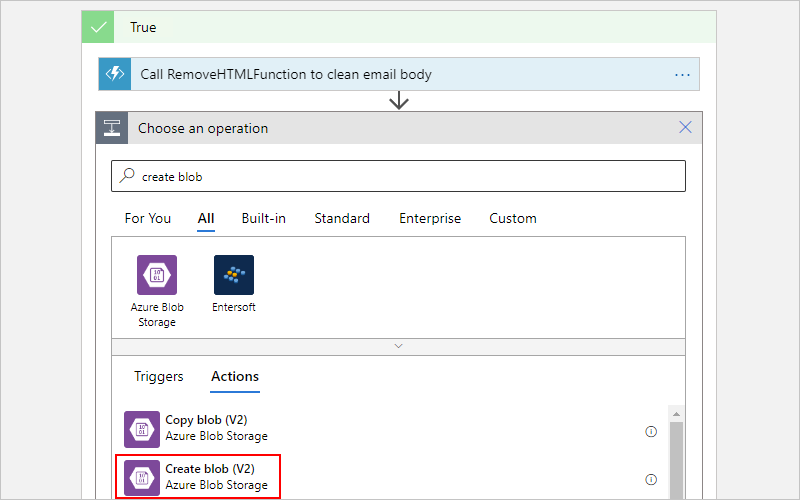 Cuplikan layar memperlihatkan tindakan Azure Blob Storage bernama Buat blob dipilih.