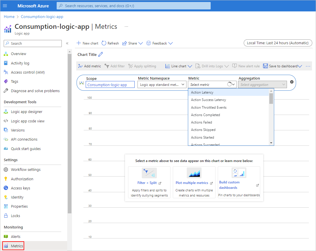 Cuplikan layar memperlihatkan portal Azure, menu sumber daya aplikasi logika Konsumsi dengan Metrik dipilih, dan daftar Metrik dibuka.