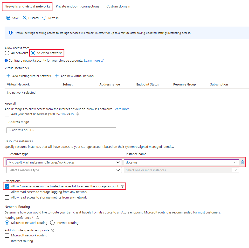 Area jaringan pada halaman Azure Storage di portal Microsoft Azure saat menggunakan titik akhir privat