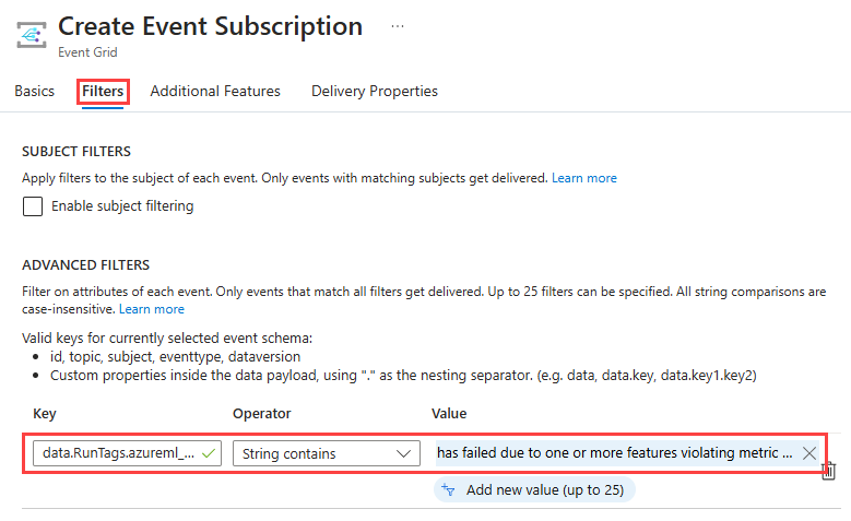 Cuplikan layar halaman Buat Deskripsi Peristiwa di portal Microsoft Azure. Tab Filter dan nilai di bawah Kunci, Operator, dan Nilai disorot.