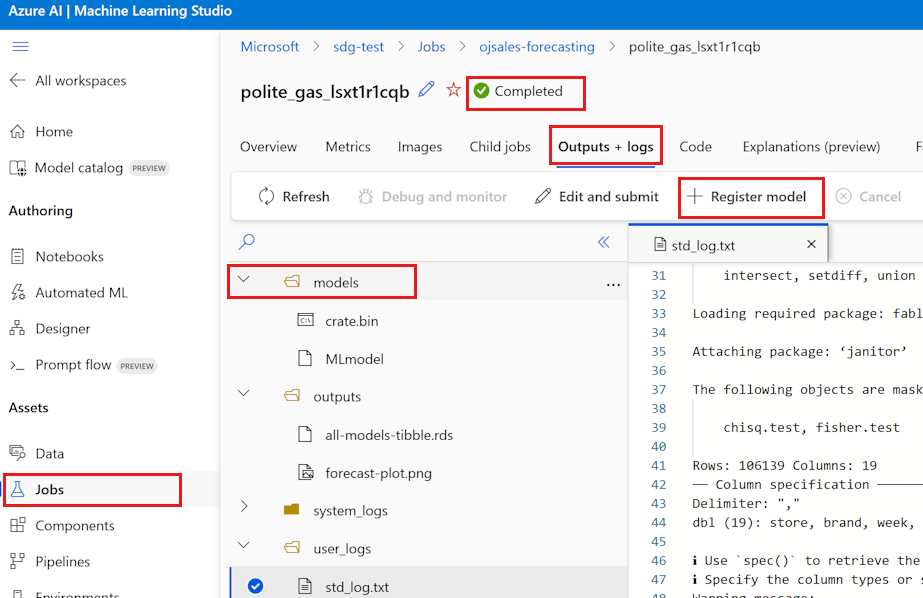 Cuplikan layar memperlihatkan bagian Pekerjaan studio dengan bagian Output terbuka.