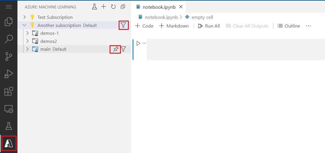 Cuplikan layar memperlihatkan cara memfilter dan menyematkan di jendela Visual Studio Code.