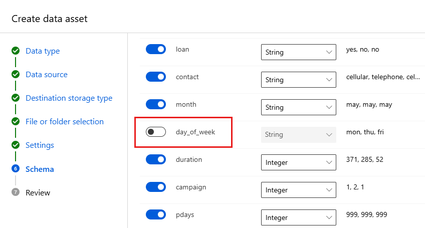 Cuplikan layar memperlihatkan formulir Skema tempat Anda dapat menjalankan kolom dari data Anda.